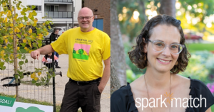Side by side image. On the left is a man standing against a tree. He is wearing dark pants and a bright yellow shirt. On the right is a woman, she has curly hair, glasses and is wearing a dark shirt.